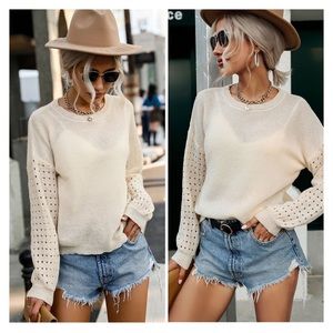 Openwork Ribbed Trim Round Neck Sweater